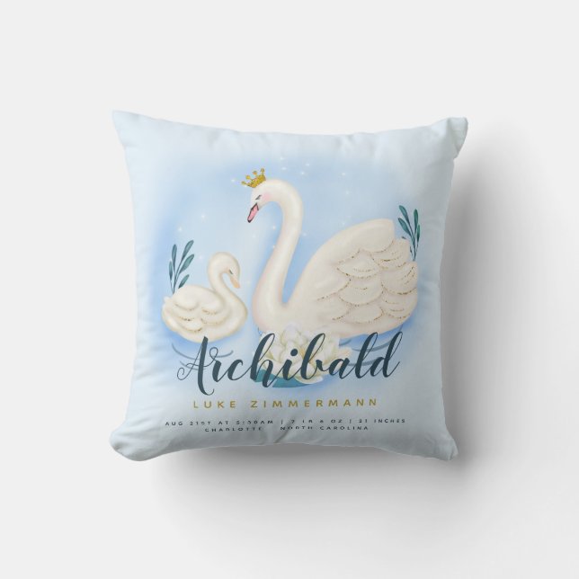 Födelse för personlig för svandamm guld- baby blue kudde (Framsida)