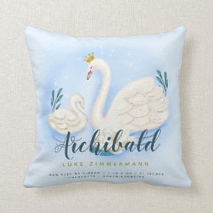 Födelse för personlig för svandamm guld- baby blue kudde