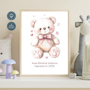 Födelse statistik Baby flicka Rosa Teddybjörn Poster