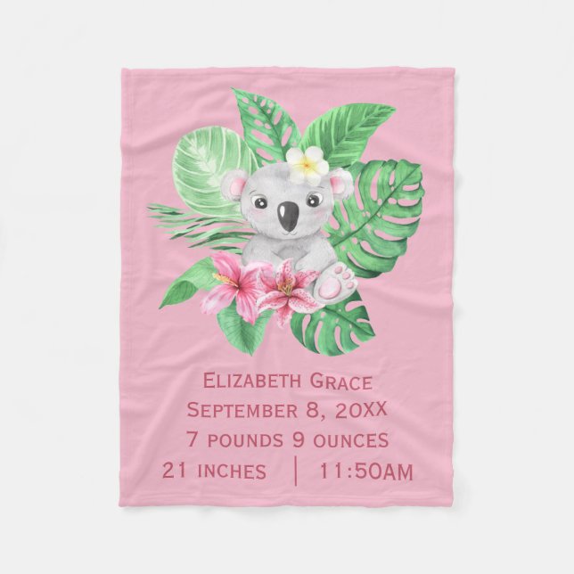 Födelse statistik Koala Björn Rosa Gröna Tropiska  Fleecefilt (Framsidan)