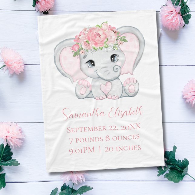 Födelse statistik Rosa Baby Elefant Baby Flicka Fleecefilt (Pink elephant Personalized Birth Stats baby blanket. Gift for Baby girl.)