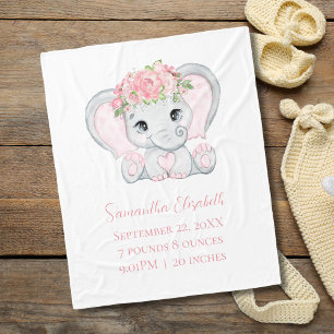 Födelse statistik Rosa Baby Elefant Baby Flickas P Fleecefilt