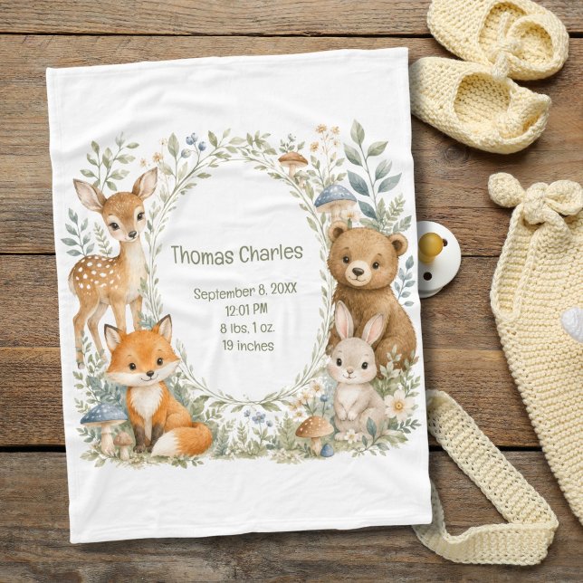 Födelse statistik Skogs djur Ny Baby Pojke Flicka  Fleecefilt (Woodland animals Birth Stats Personalized Name Baby Blanket. Gender Neutral, Gift for new baby)
