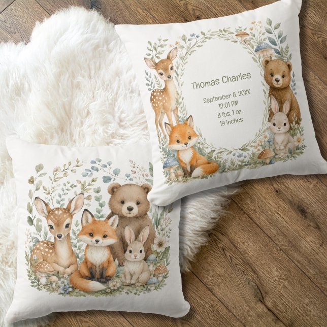 Födelse statistik Skogs djur Ny Baby Pojke Flicka  Kudde (Woodland animals Personalized Birth Stats Baby Nursery Throw Pillow. Gender Neutral. Gift for Baby)