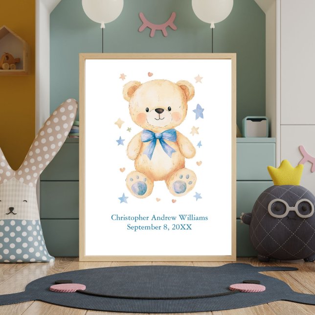 Födelse statistik Teddybjörn Blå band Baby pojke N Poster (Teddy Bear with Blue Boys Nursery Wall art print. Personalized with name and birthday birth stats)