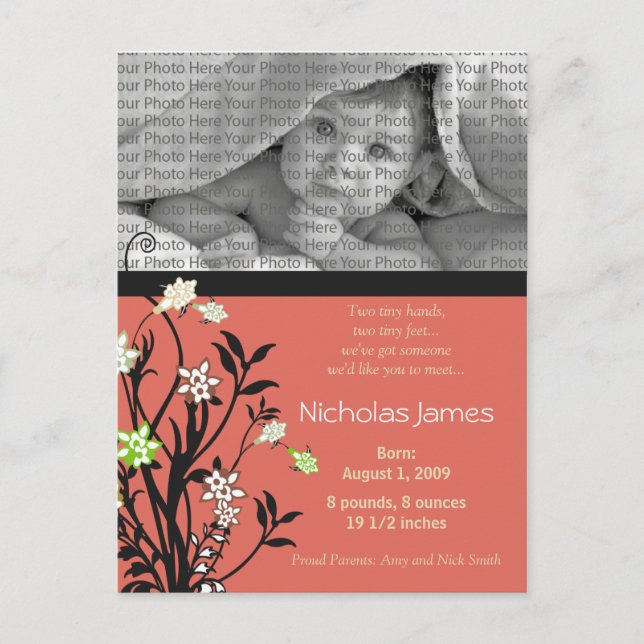 Födelseannons för Viney Baby Rosa Meddelande Vykort (Framsida)