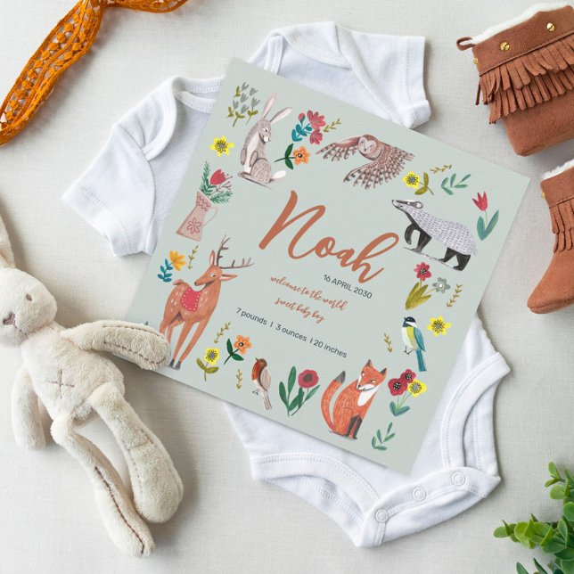 Födelseannons gröna söta skogs djur  tack kort (Skapare uppladdad)