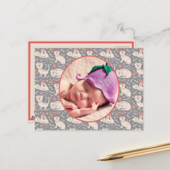 Födelseannons söta katter som leker med garnkulor vykort (Fram/Back In Situ)