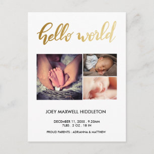 Födelseannons Tre Bilder Hello World Meddelande Vykort