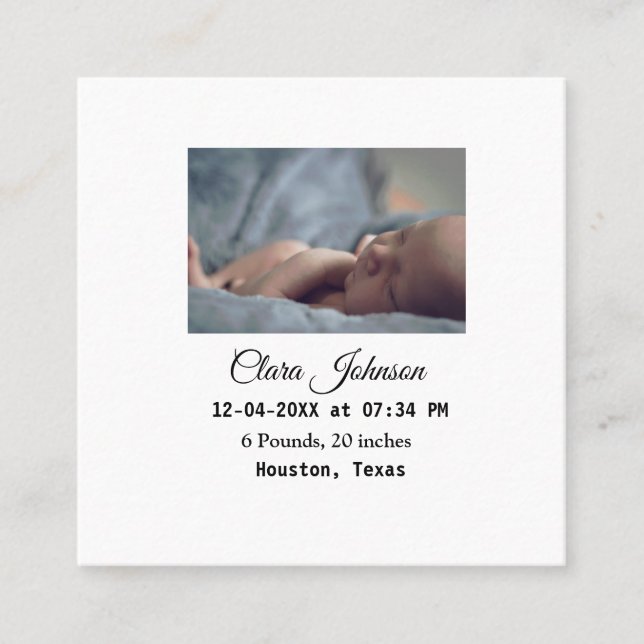 Födelseannonser lägg till foto datum tid plats det fyrkantigt visitkort (Framsida)