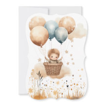 Födelseannonsering för baby i en ballongkorg