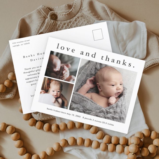 Födelseannonsering med foto på bebis med kärlek oc vykort (Simple typography 3 photo collage birth announcement baby thank you postcard.)
