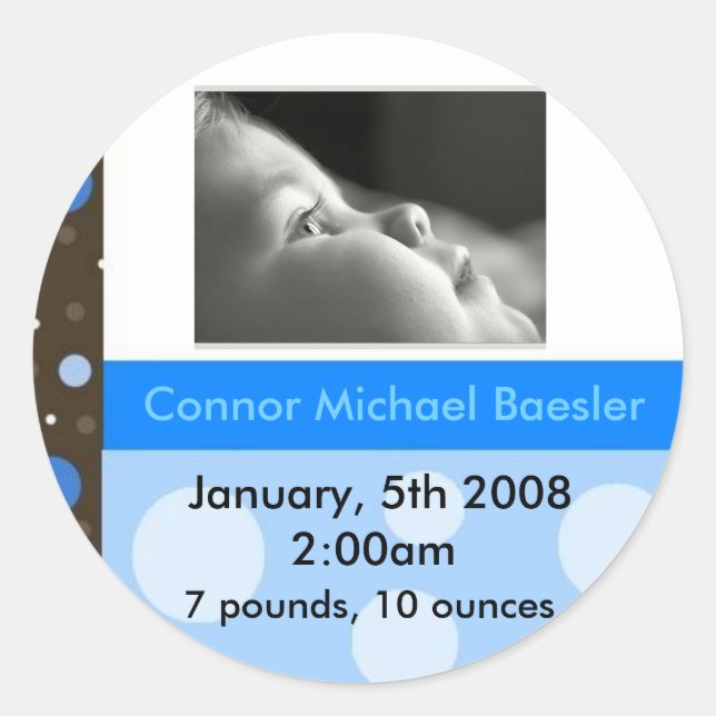 Födelseannonsetikett BOY Runt Klistermärke (Framsida)