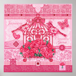 Födelseblomma och ädelsten Januari Fågelbur Poster