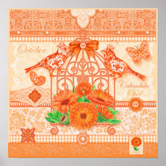 Födelseblomma och ädelsten Oktober Fågelbur Poster