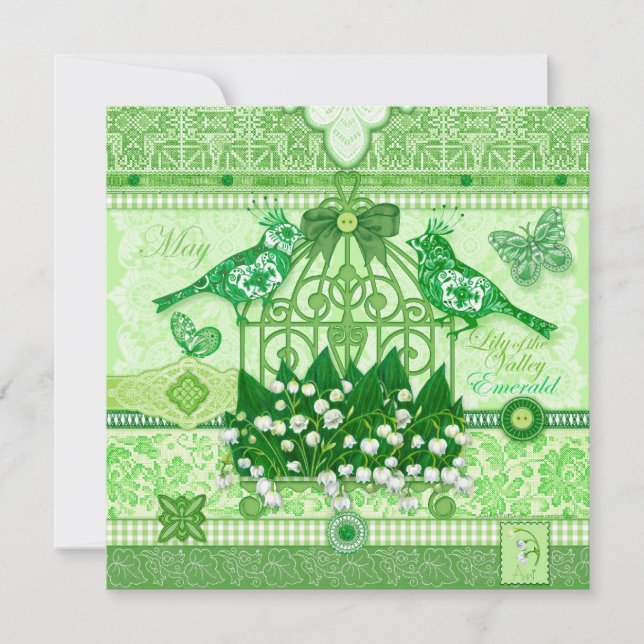 Födelseblomma och fåglarmkort (Gem May Birdcage Ca Inbjudningar (Framsida)