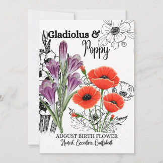 Födelseblomman, augusti, Gladiolus, Poppy, födelse Julkort