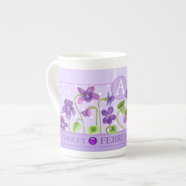 Födelseblomman och Gem februari Bone China Mugg Benporslin Mugg (Framsida vänster)