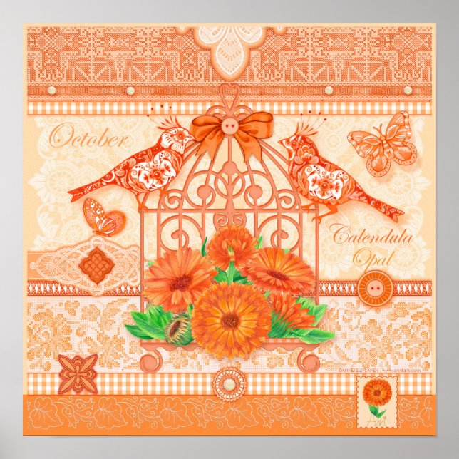 Födelseblomman och Gem Oktober Birdcage Poster (Framsidan)