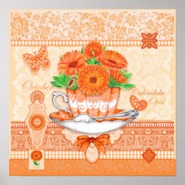 Födelseblomman och Gem Oktober Tekopp Poster (Framsidan)