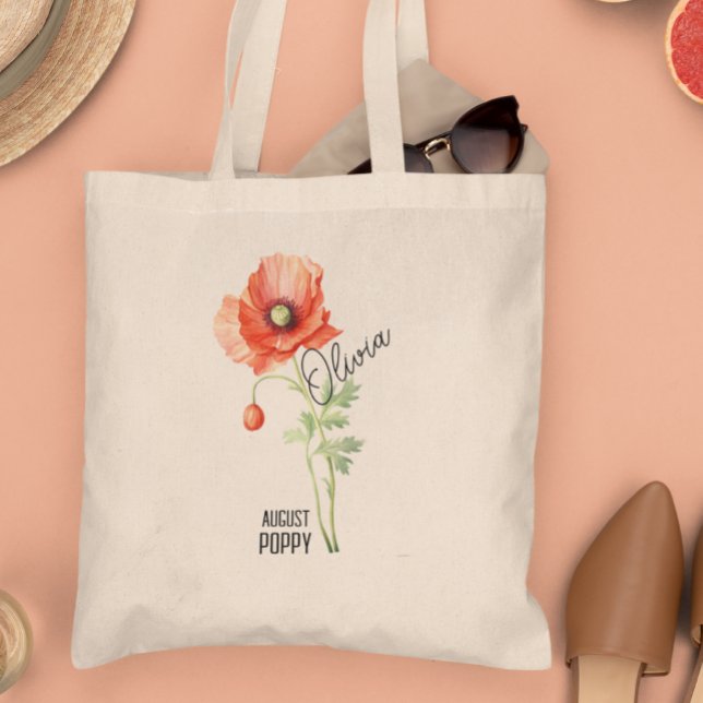 Födelseblommans måne augusti Poppy Namn Tote Bag Tygkasse (Skapare uppladdad)