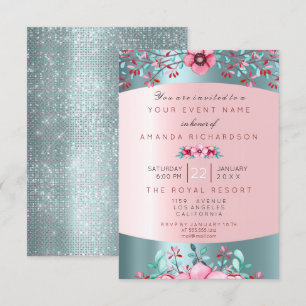 Födelsedag 16-års bröllopsblomma Rosa Blå Vatten A Inbjudningar
