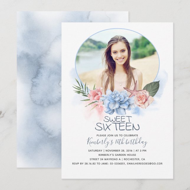 Födelsedag 16 | Beach 16 Birthday Photo Inbjudningar (Fram/baksida)