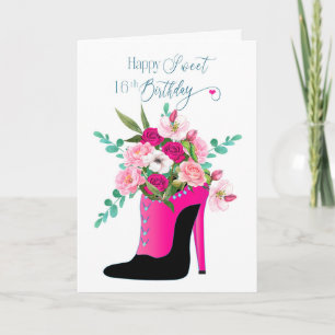 Födelsedag, 16:e blommor i högHeel Shoe Car Kort