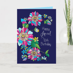 Födelsedag, 16:e, ljusa och färgstarka blommor kort