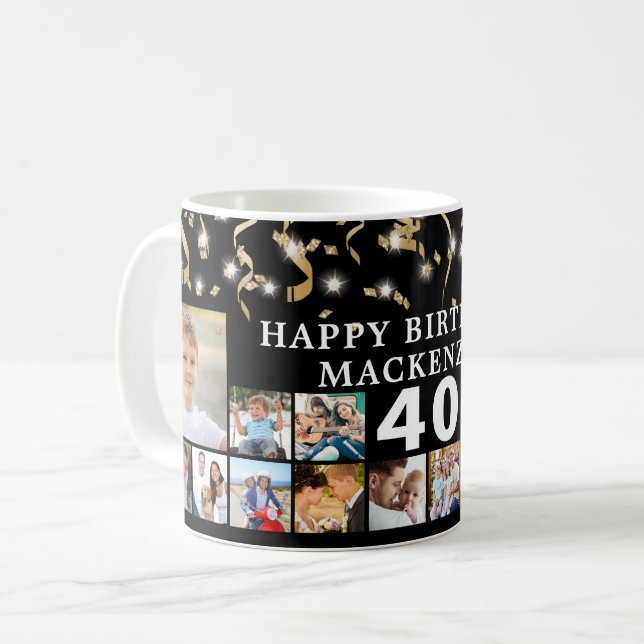 Födelsedag 16 Photo Black Guld Confetti Ljus Kaffemugg (Framsida vänster)