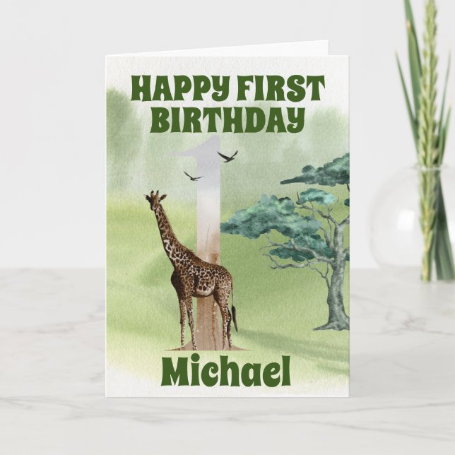 Födelsedag 1:a Afrikan Safari Giraffe Kort (Framsida)