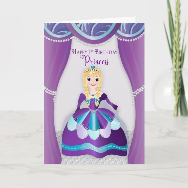 Födelsedag, 1:a prinsessan, nedtryckt i Lila Blue  Kort (Framsida)