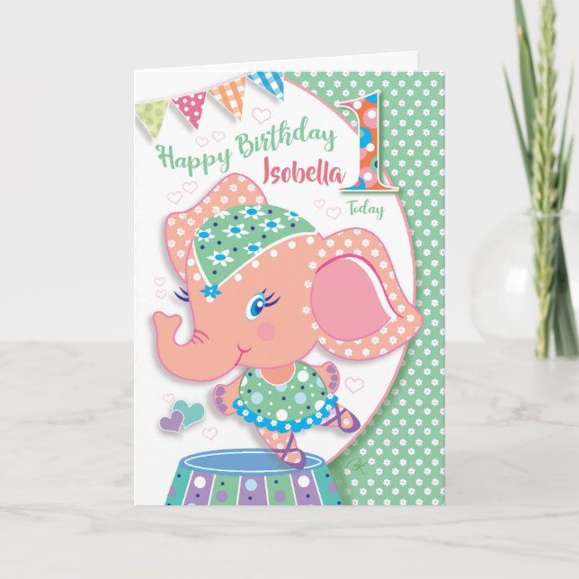 Födelsedag 1, Elle Ballerina Elephant Kort (Framsida)