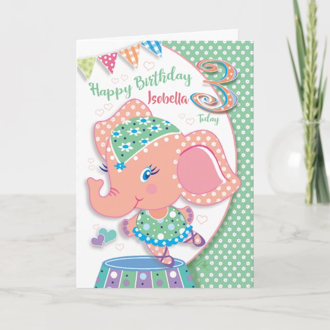 Födelsedag 3, Ella Ballerina Elephant Kort (Framsida)