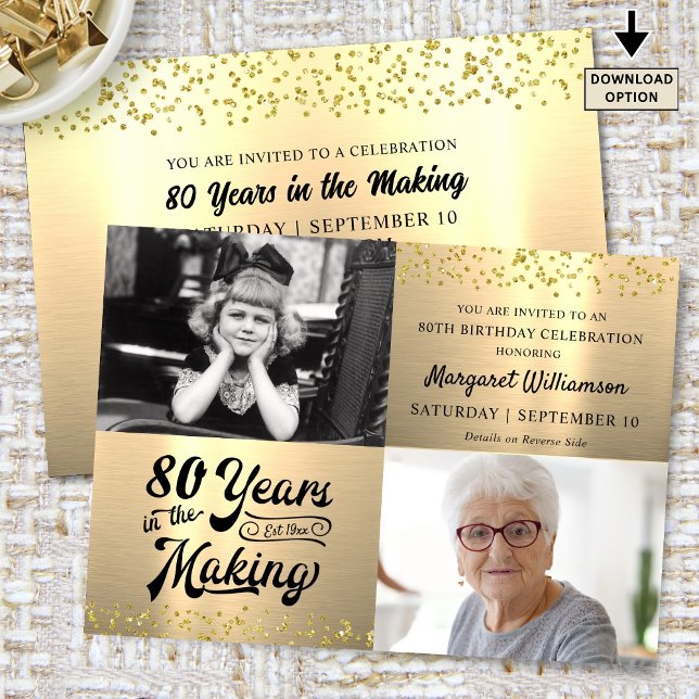 Födelsedag 80 år i den Skapar metalliska Guld Phot Inbjudningar (Skapare uppladdad)