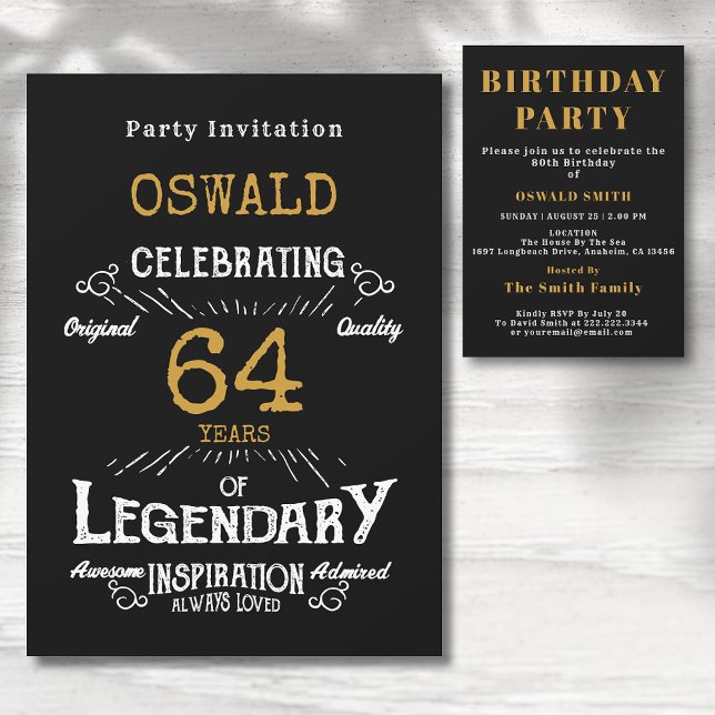Födelsedag: alla åldrar, svart Guld Retro Inbjudningar (Any age birthday party invitation. Retro black and gold  Legendary design.)