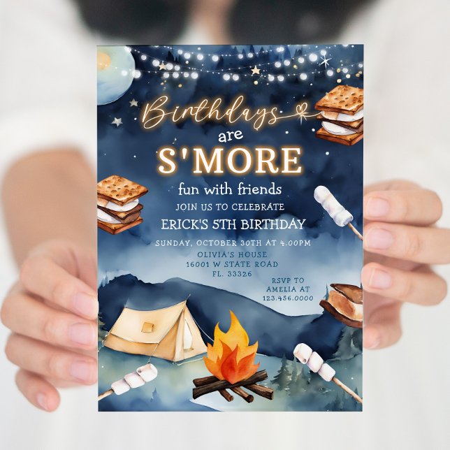 Födelsedag är Smores Roligt Night Campfire Tält Pa Inbjudningar (Skapare uppladdad)