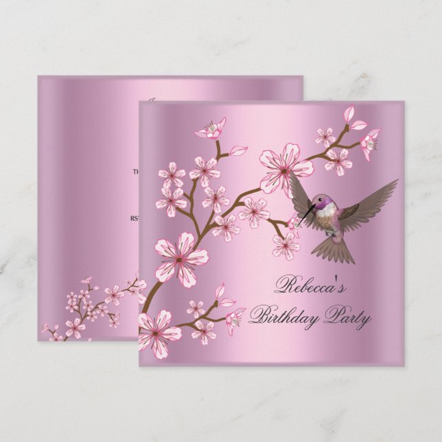 Födelsedag  Asiatiska rosa blommande blommor Fågel Inbjudningar (Fram/baksida)