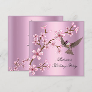 Födelsedag Asiatiska rosa blommande blommor Fågel Inbjudningar