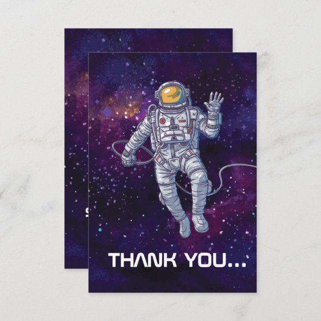 Födelsedag. Astronaut i rymden med Stars & Galaxy. Inbjudningar (Fram/baksida)