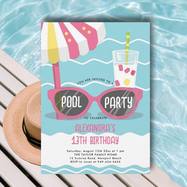 Födelsedag Bassäng Party Cute Rosa Sunglass Chic T Inbjudningar (pool birthday party invitations for teens girls tween thirteen sunglasses cute unique cool orange)