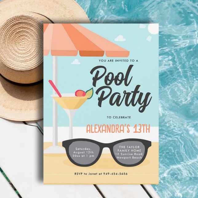 Födelsedag Bassäng Party Cute Sunglasses Teal Chic Inbjudningar (pool birthday party invitations for teens girls tween thirteen sunglasses cute modern cool orange)