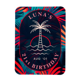 Födelsedag Beach party Handflatan träd löv solnedg Magnet