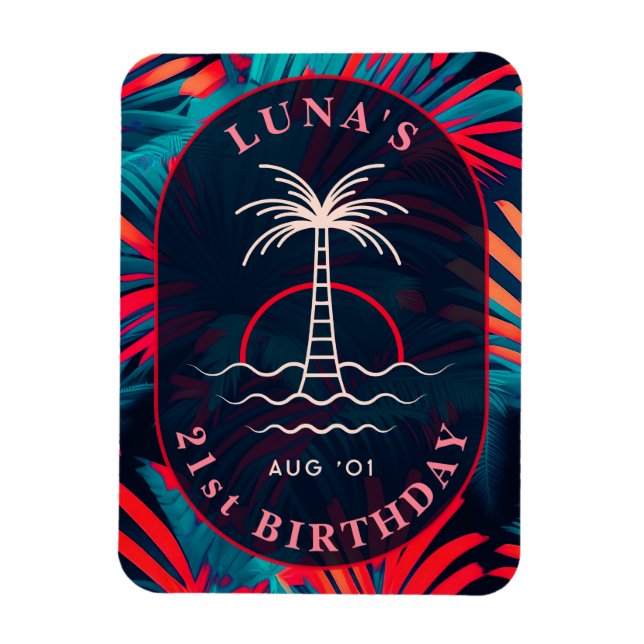 Födelsedag Beach party Handflatan träd löv solnedg Magnet (Vertikal)
