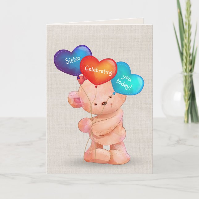 Födelsedag Bear och ballonger för syster Kort (Framsida)
