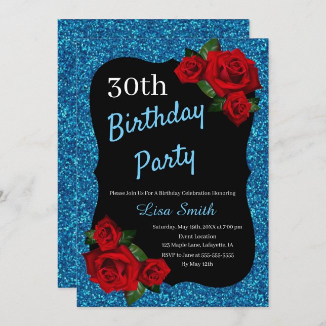 Födelsedag Blått Glitter Röd ros Inbjudningar (Fram/baksida)