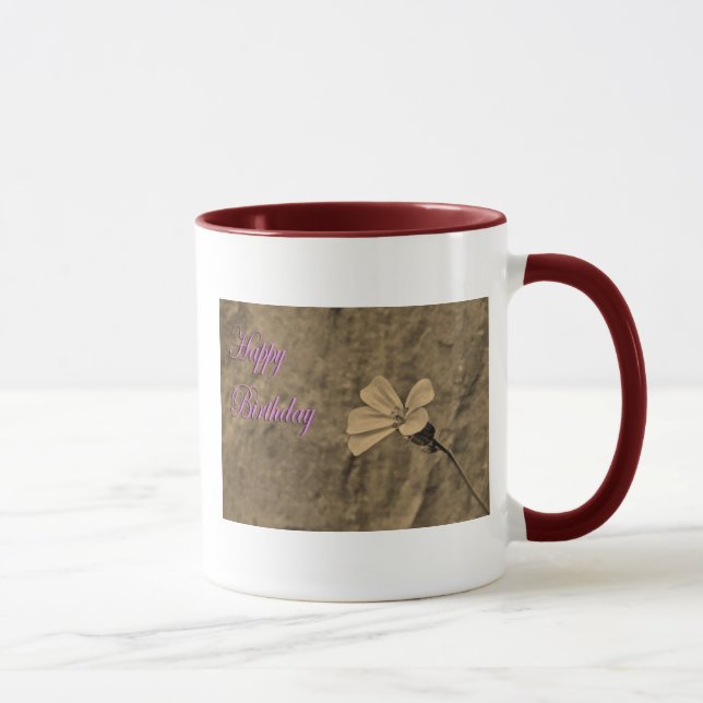 Födelsedag, blomma och sten i Sepia Mugg (Höger)