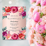 Födelsedag blommigt ro guld rosa-magnetinbjudan<br><div class="desc">En elegant inbjuder till magnetiskt kort för en 50:e (eller någon ålder) födelsedagsfest. Med contemporary  rosa,  lila och färgad vid ro,  vattenfärgade blommor,  blommigtar som guld. En övertoningsbakgrund för chic ro guld. Namn är skrivet med stil-skript i svart skrift.</div>