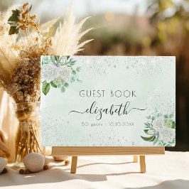 Födelsedag blommigt silver glitter greenery namn gästböcker