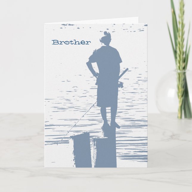 Födelsedag, broder, pojke som fiskar från stump. kort (Framsida)
